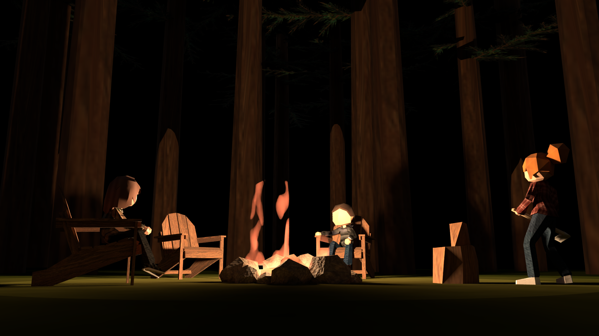 A few friends sit around a campfire in the woods in the dark