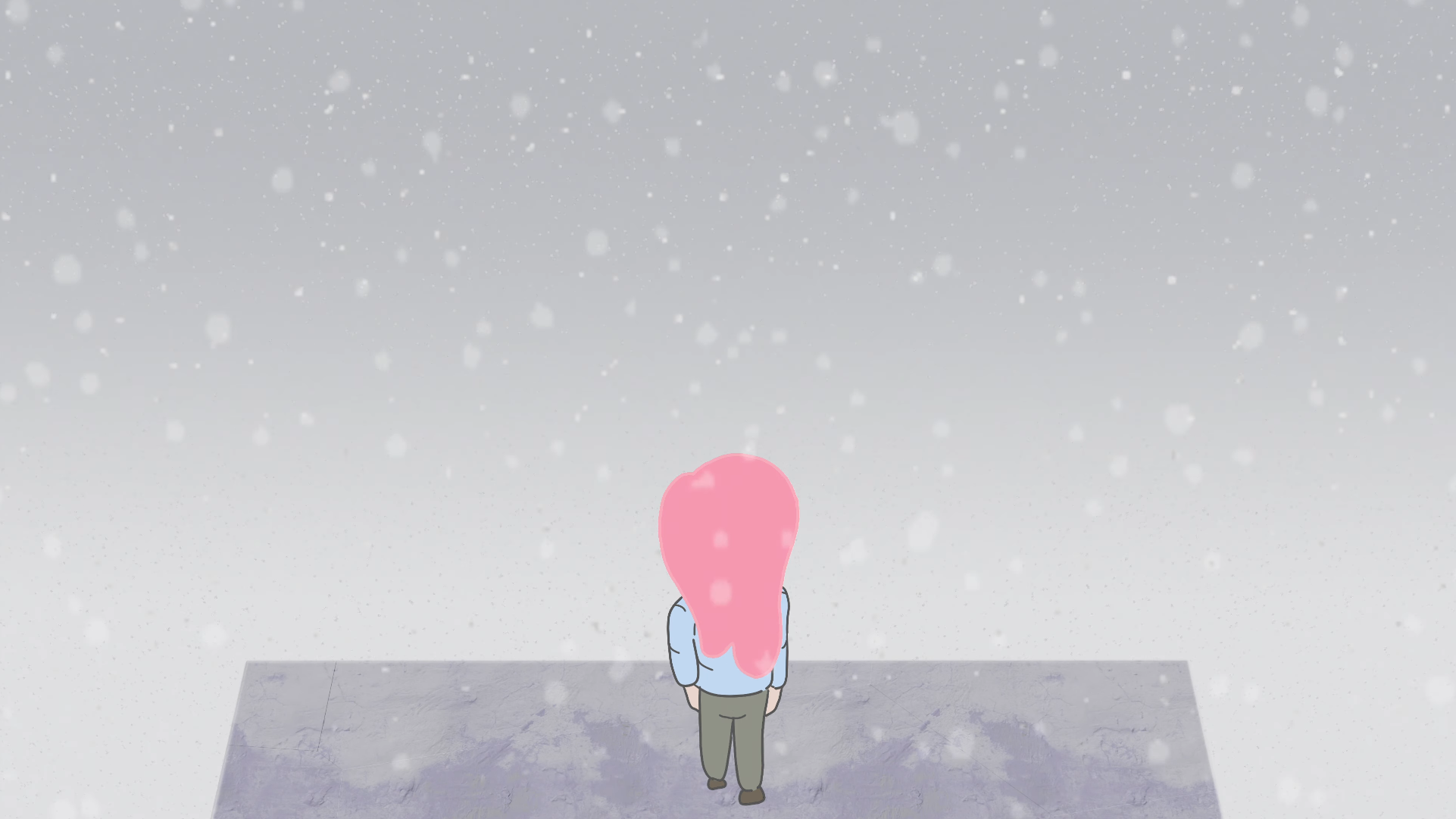 The girl is seen from behind looking into an empty white abyss