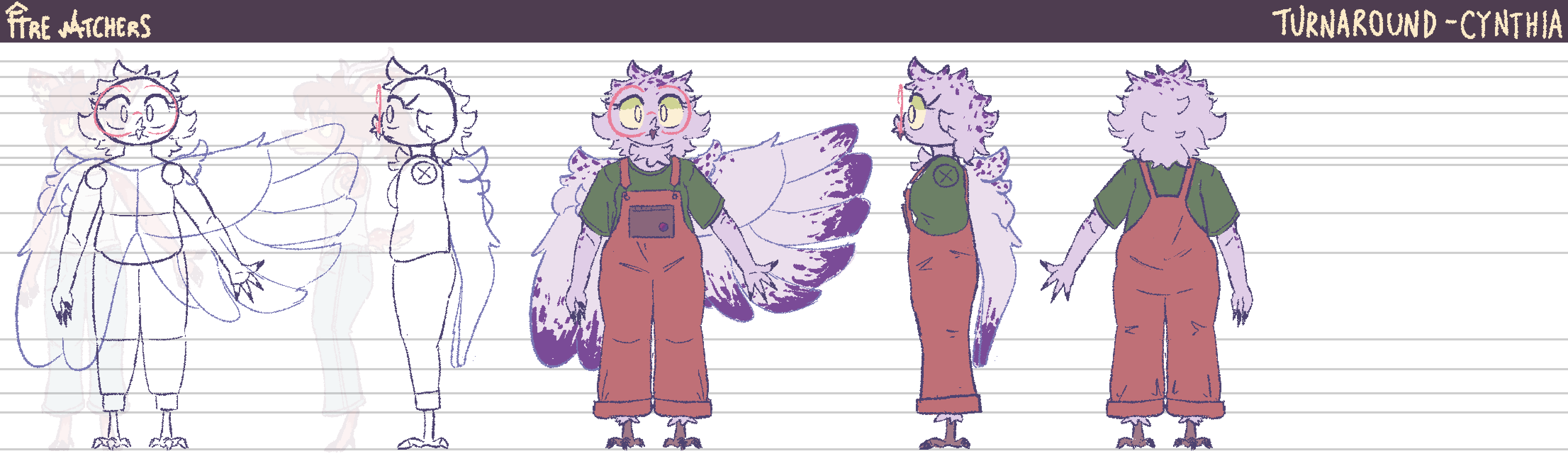 Cynthia's summer turnaround. She wears a T-Shirt and overalls.
