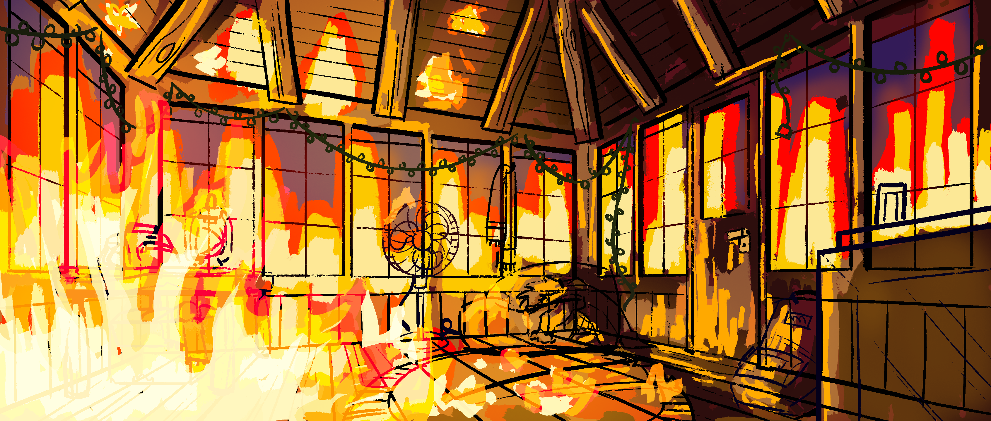 Another interior of the Firewatch Tower, burning, facing East