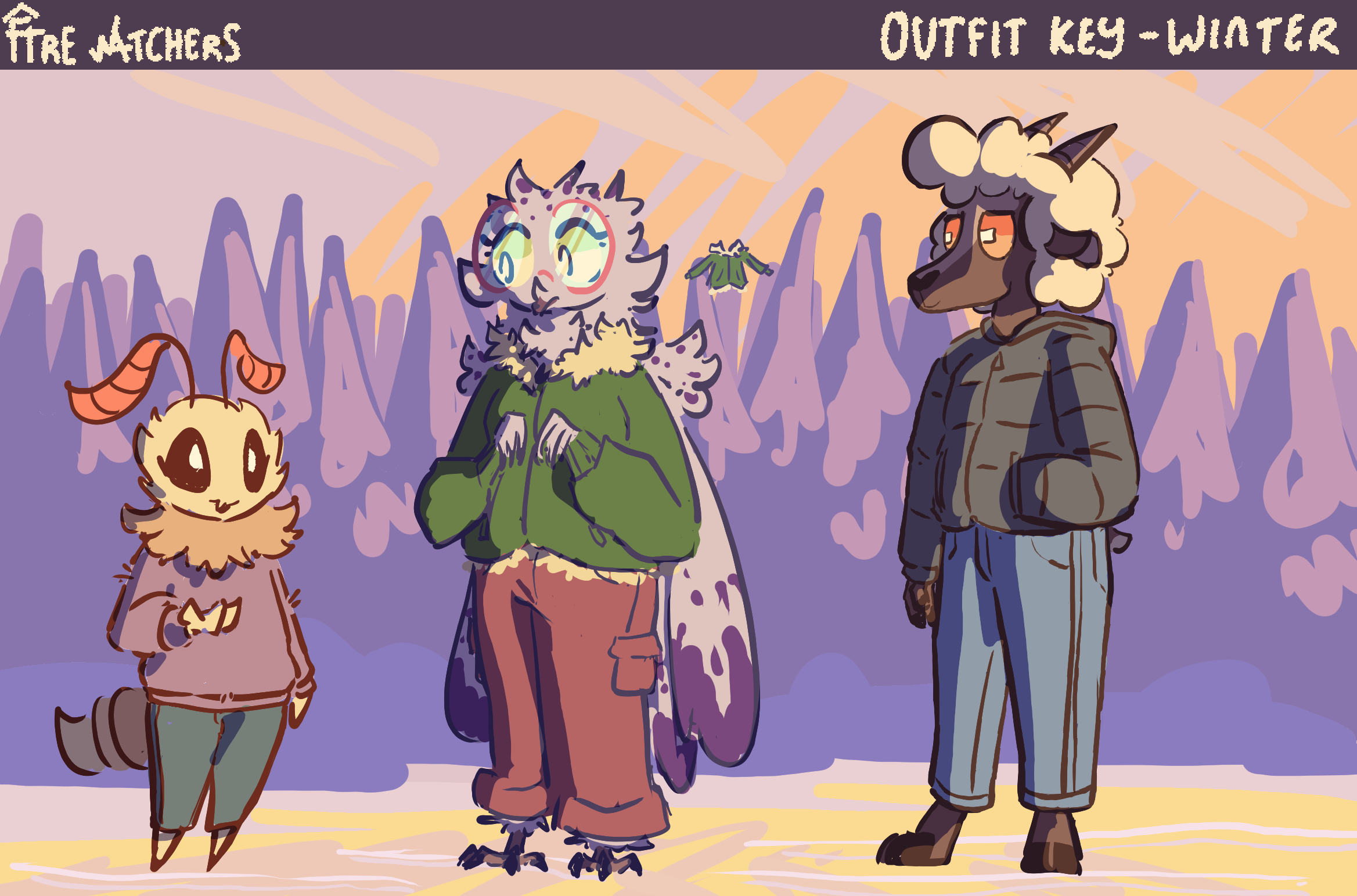 Winter outfits for Cocoa, Cynthia, and Hornfels.