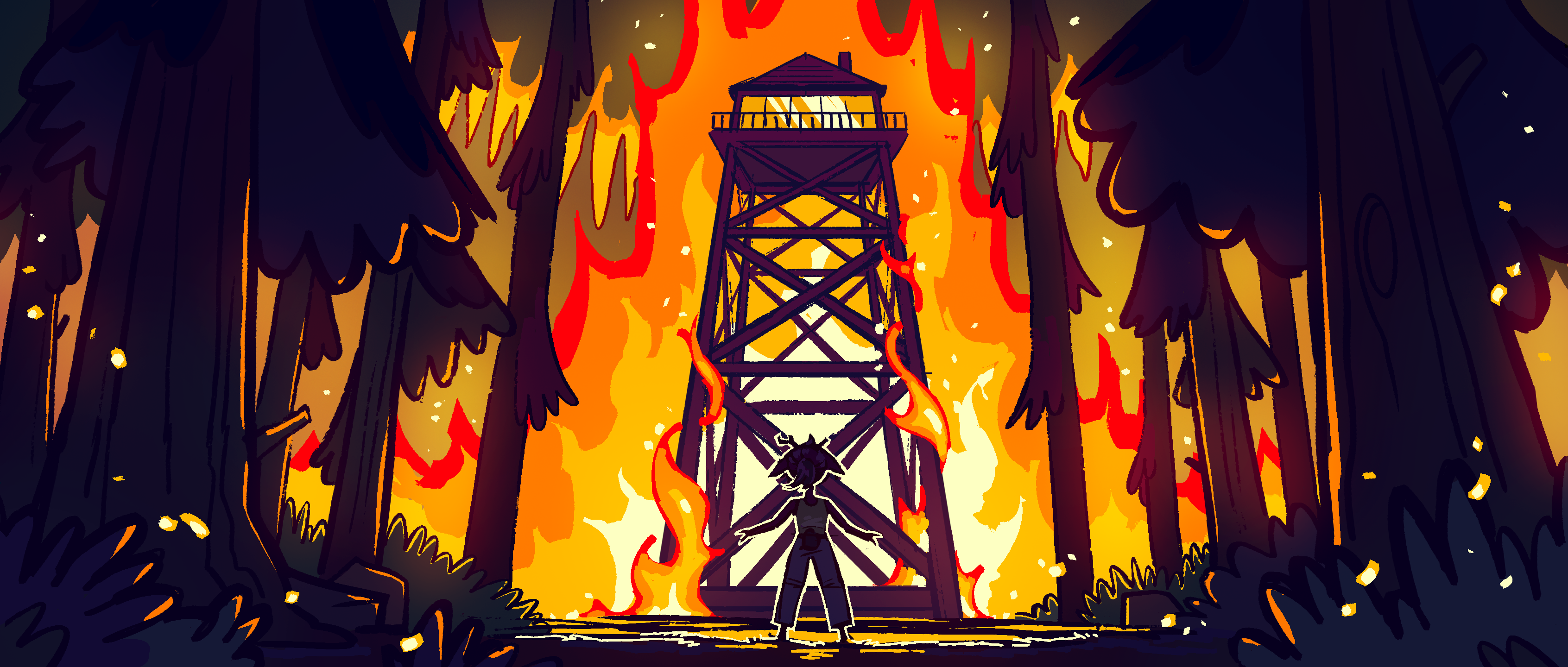 Paige stands in front of a burning Firewatch Tower.