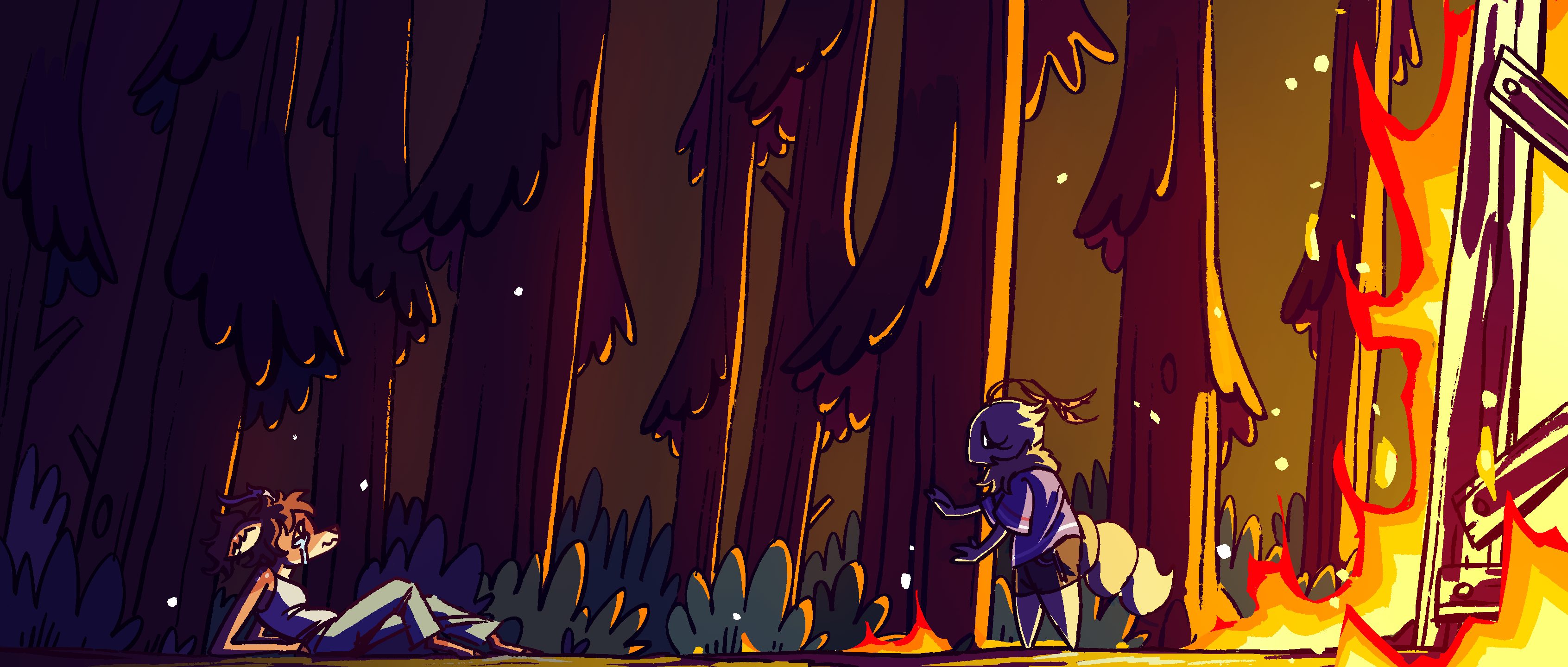 Paige sits collapsed on the ground with Cocoa reaching out to her on the right with a burning Firewatch Tower on the side of the screen.