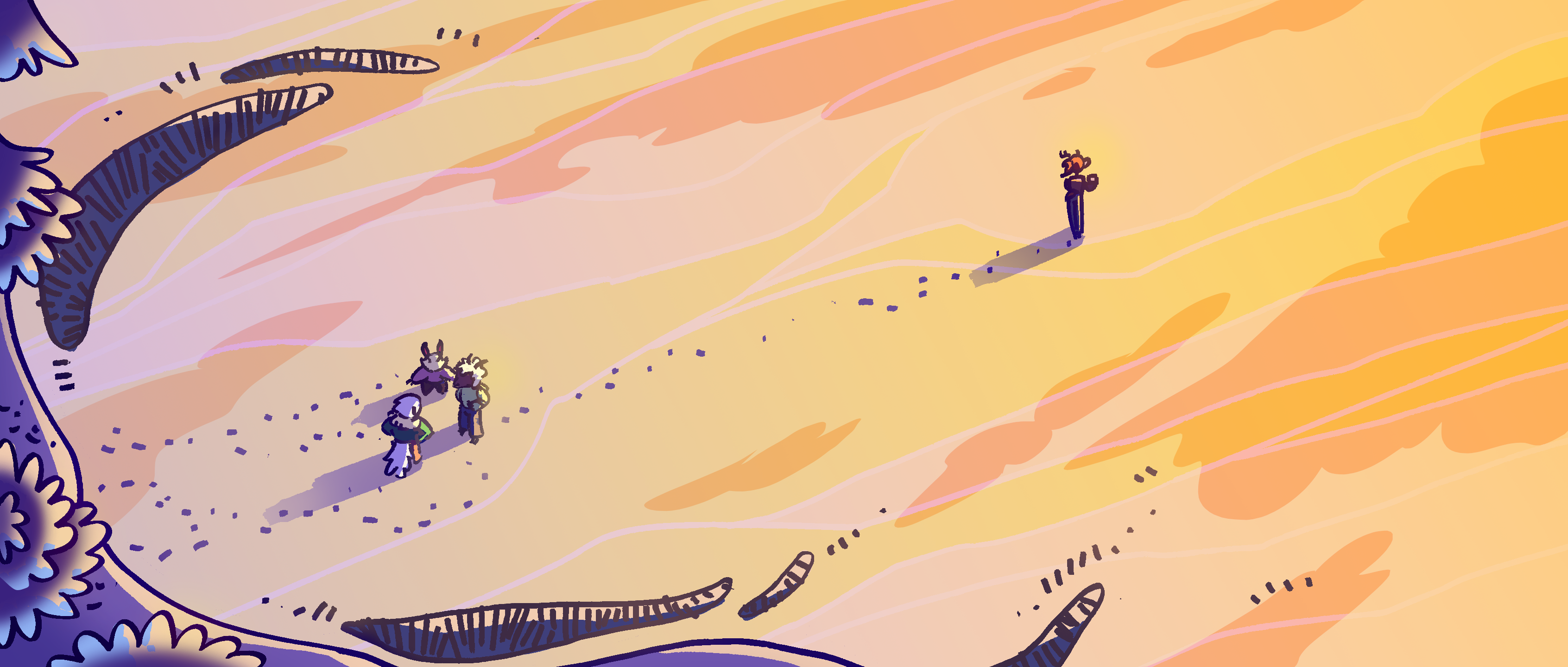The group of kids stand on a frozen lake, a sunset reflected on it. Paige is alone on the right.