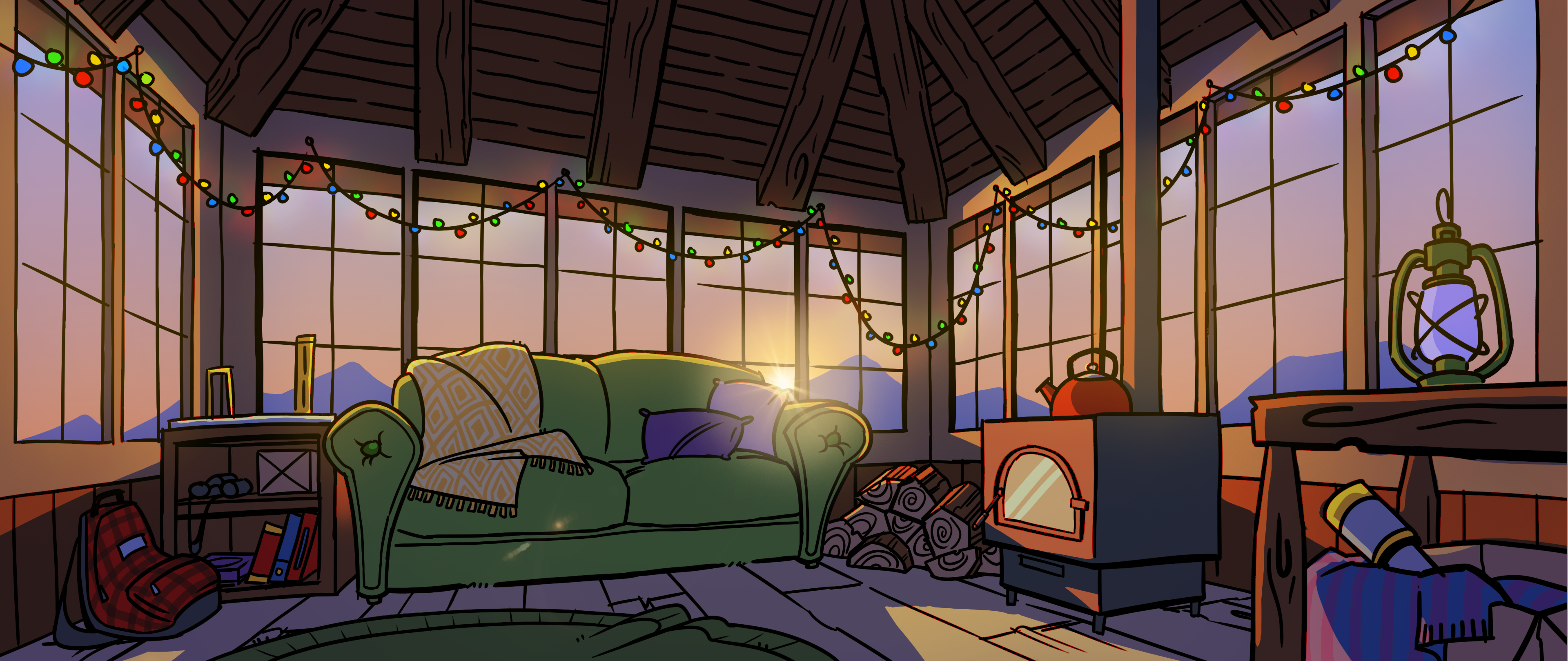 An interior of the Firewatch Tower, during sunset