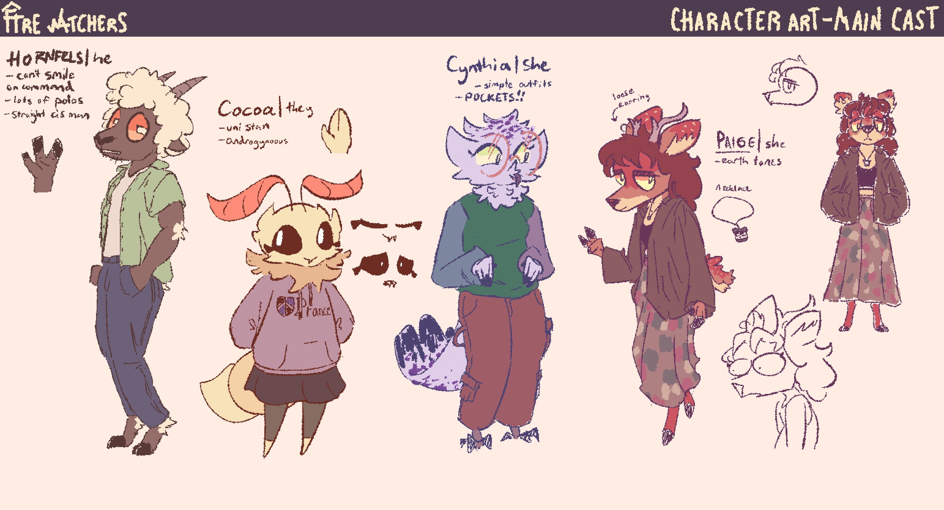 The cast of the FIRE WATCHERS, left to right: Hornfels, Cocoa, Cynthia, and Paige