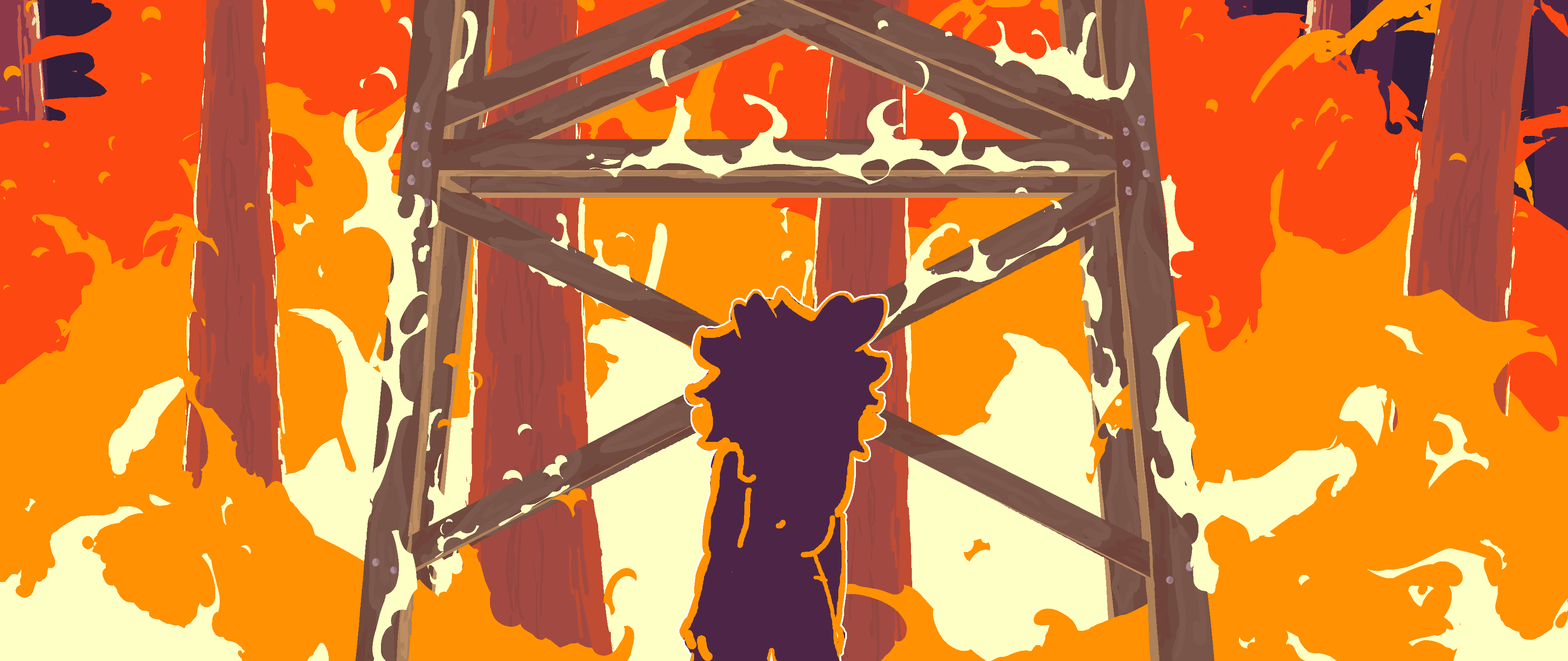 Pine stands in front of the burning Firewatch Tower