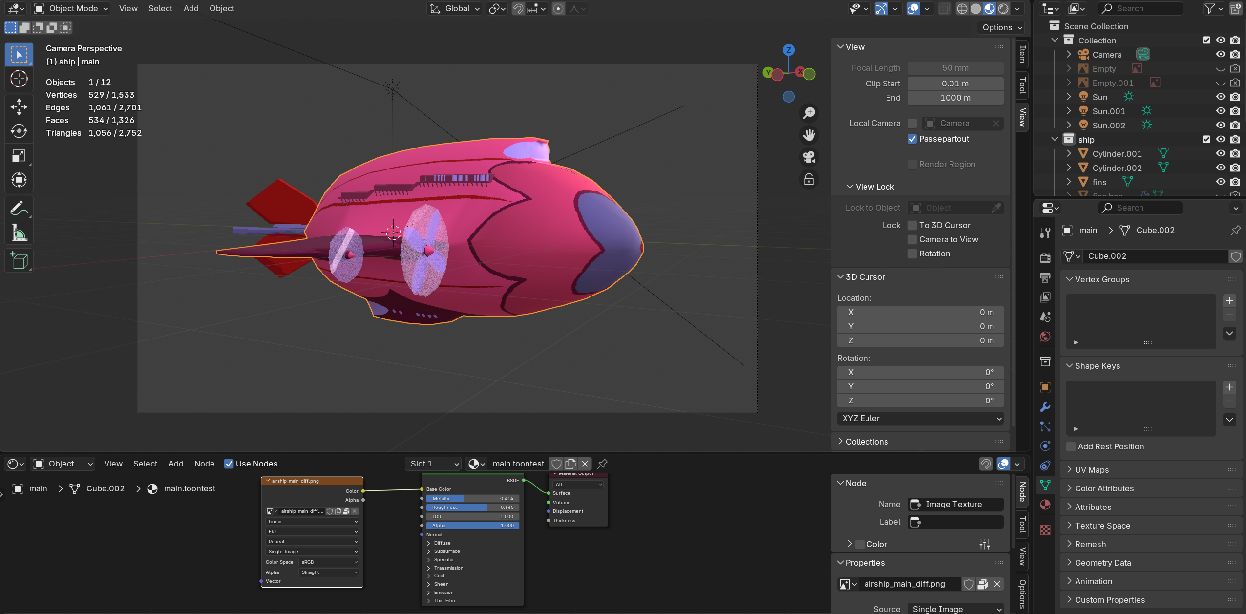 the same heart airship as a basic 3D model with a texture