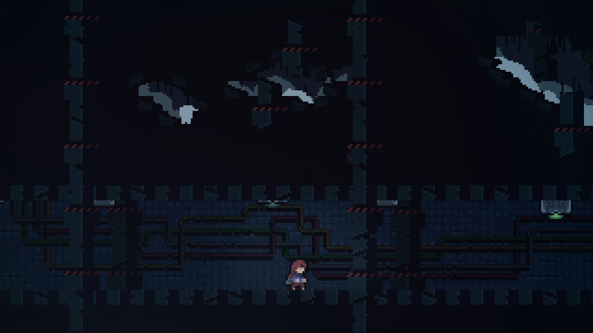 Madeline stands in a hallway full of dimly colored pipes and locked doors. Signs of intense erosion are present on the top half of the image, peeking into the void area outside