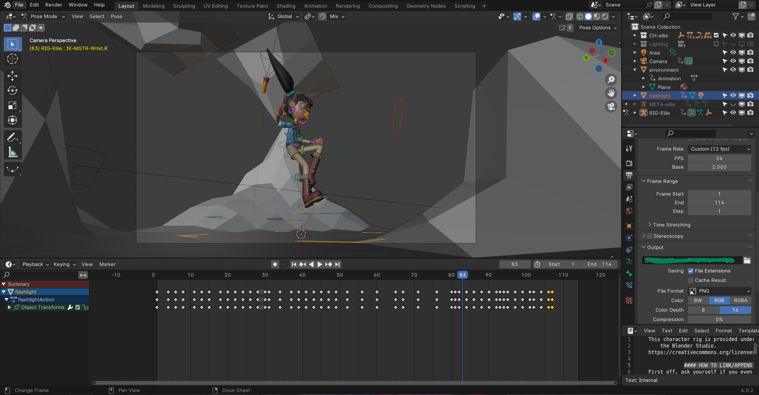 The Blender project showing the keyframes in the timeline for the flashlight's animation