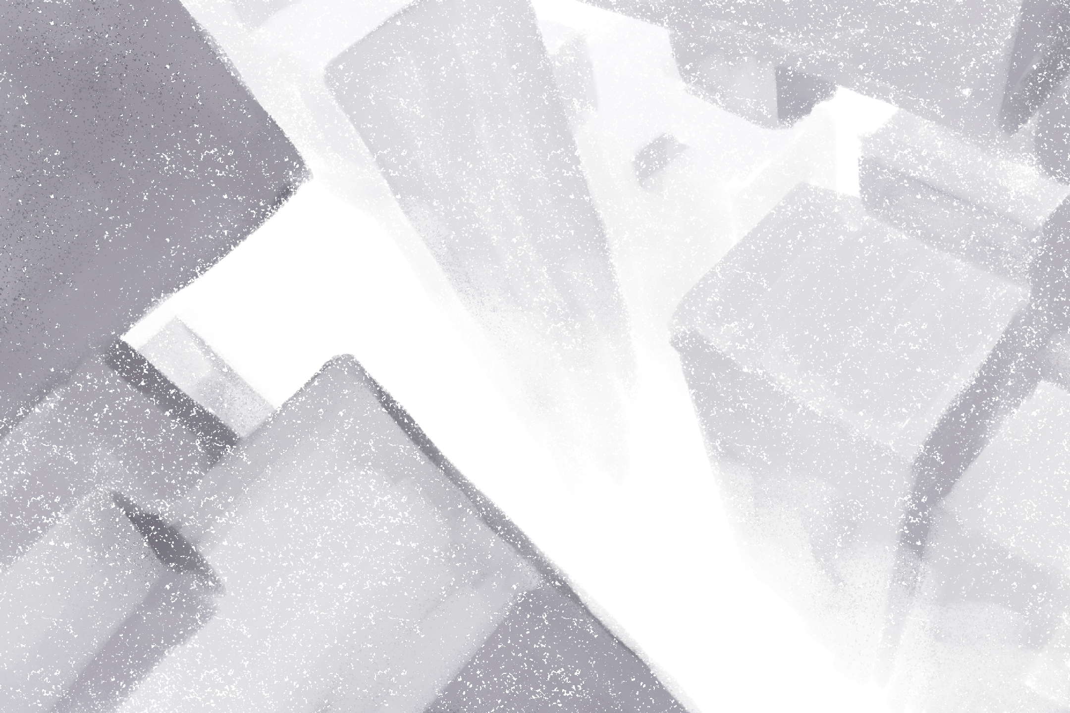 A 75 percent top-down angle on massive grey textured blocks, fading into a white foggy abyss below