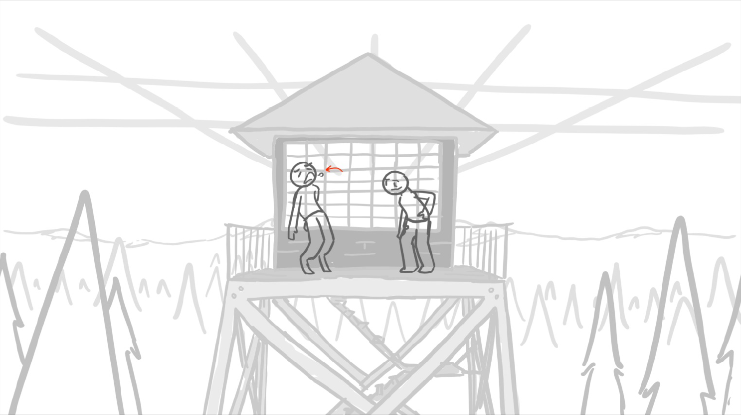 two characters stand on the porch of a firewatch tower, the one on the left is leaning back and sighing