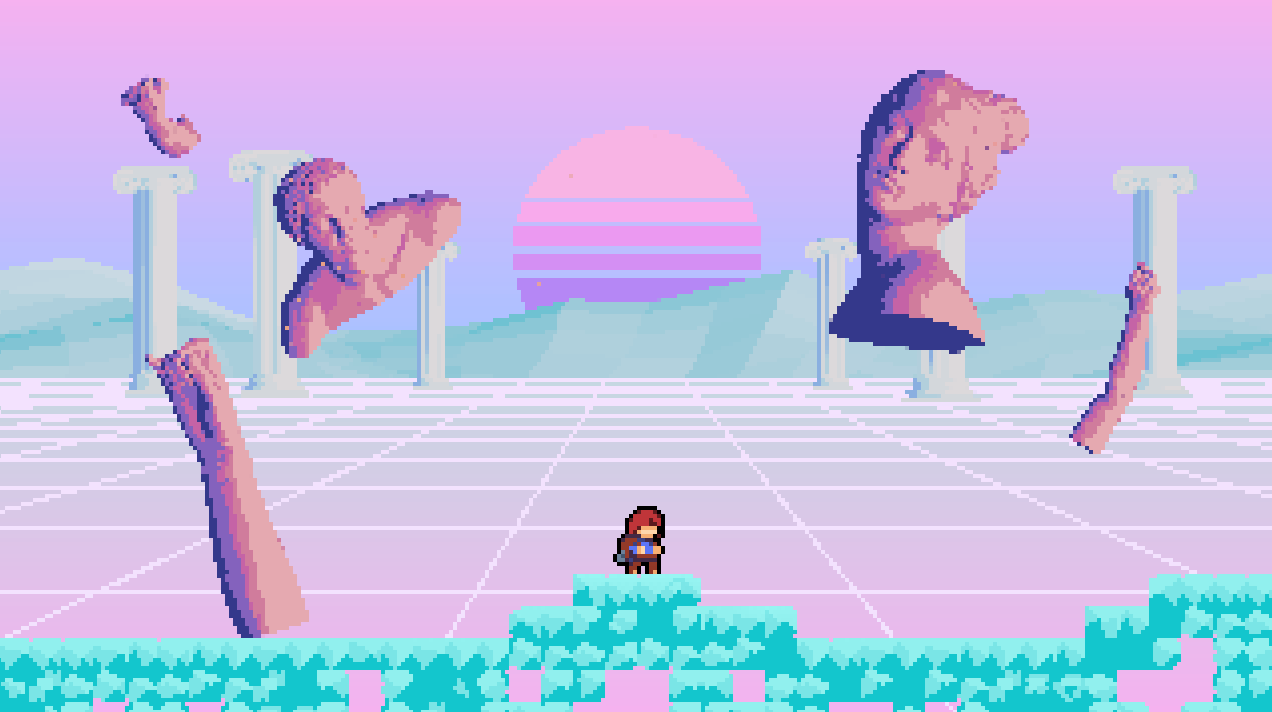 a vaporwave level with sculpted bust fragments floating in the background