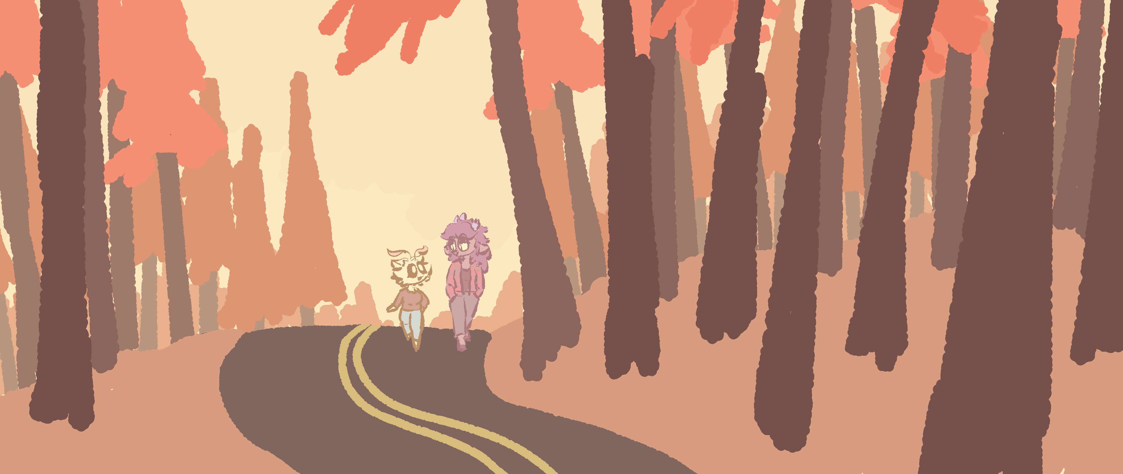 Pine and Cocoa walk along a mountainous road talking to each other