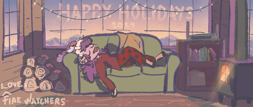 Pine resting on the couch in the Firewatch Tower of Fire Watchers