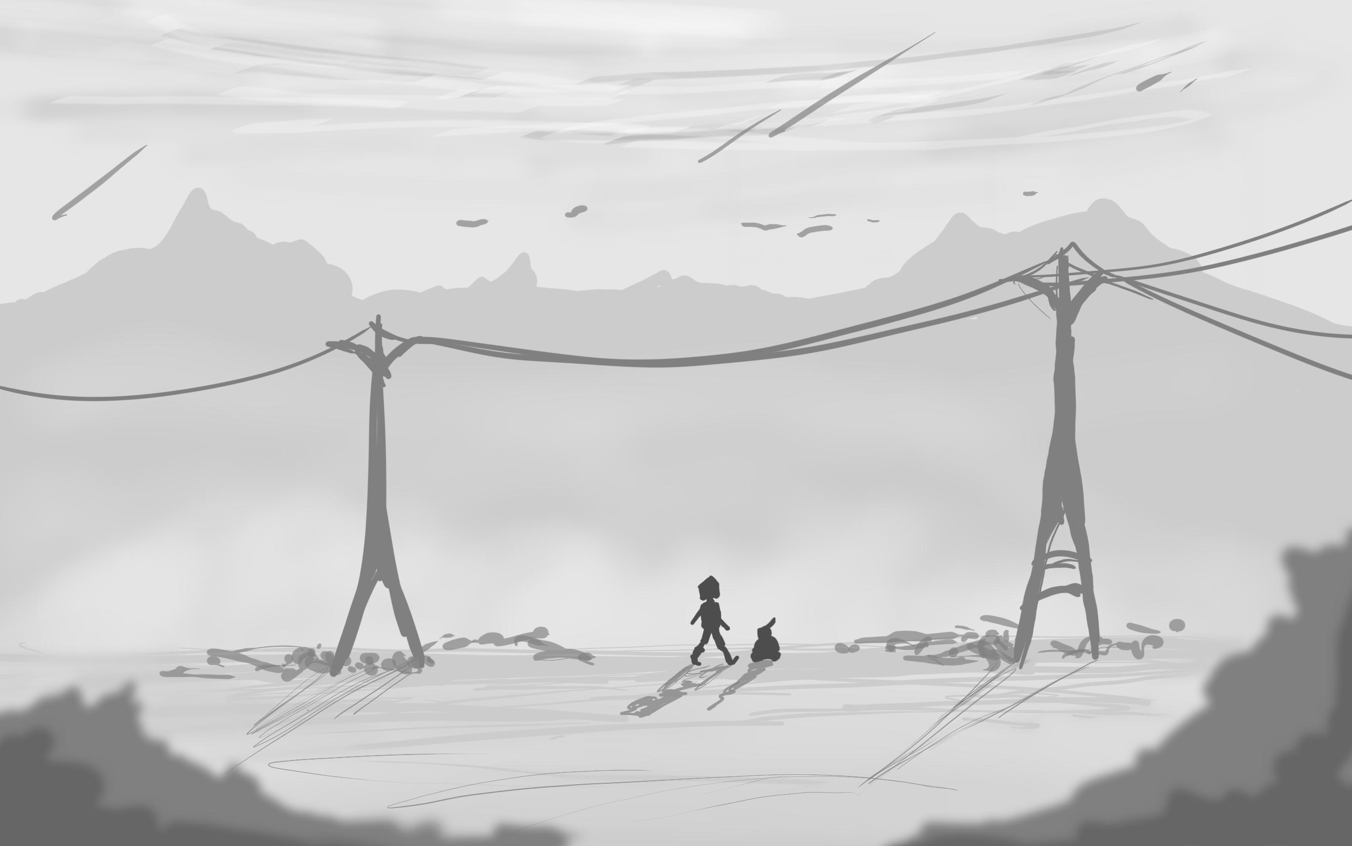 Two figures walking with telephone poles in the distance