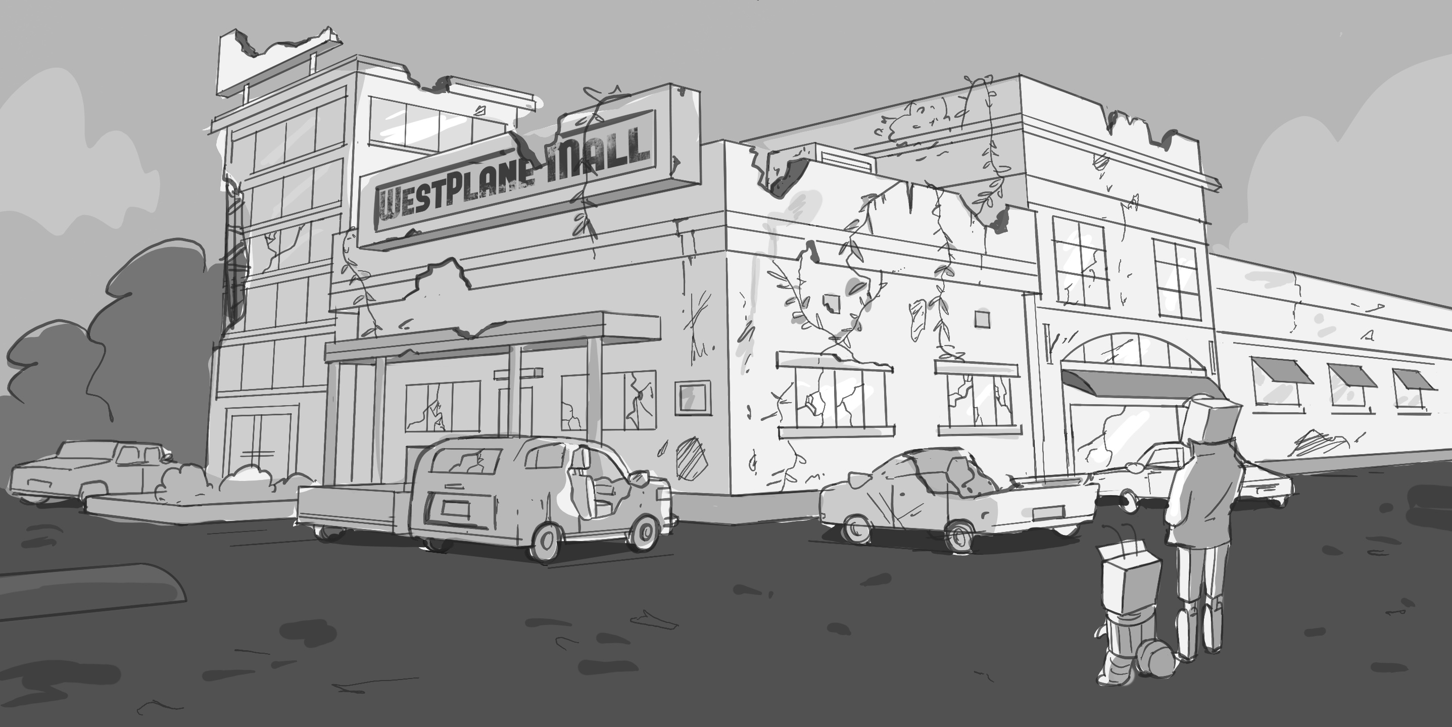 Two figures stand outside an abandoned and destroyed mall