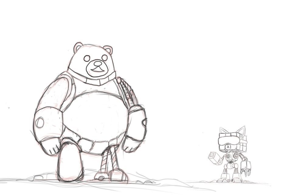 A bear and an anthropomorphic cat robot character concepts