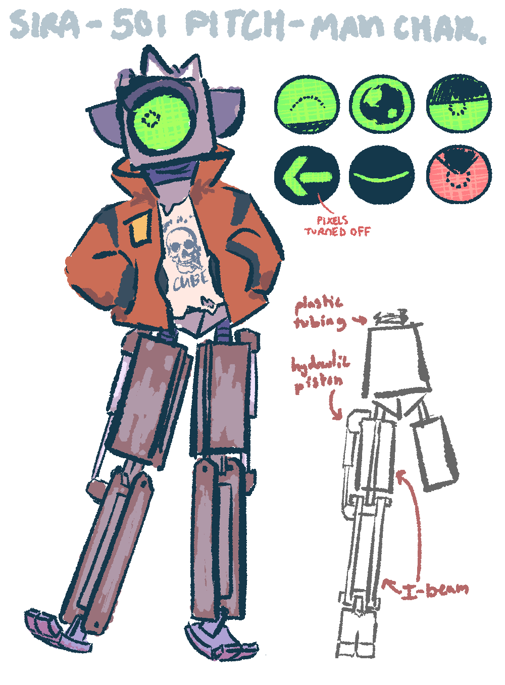 A bipedal robot character with a jacket and a traffic light head