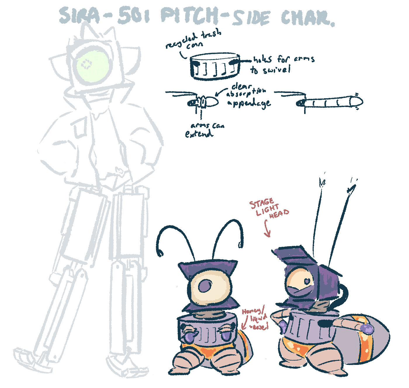 A small bipedal creature robot that has a honey reserve in the back and is made of a trash can and a stage light head