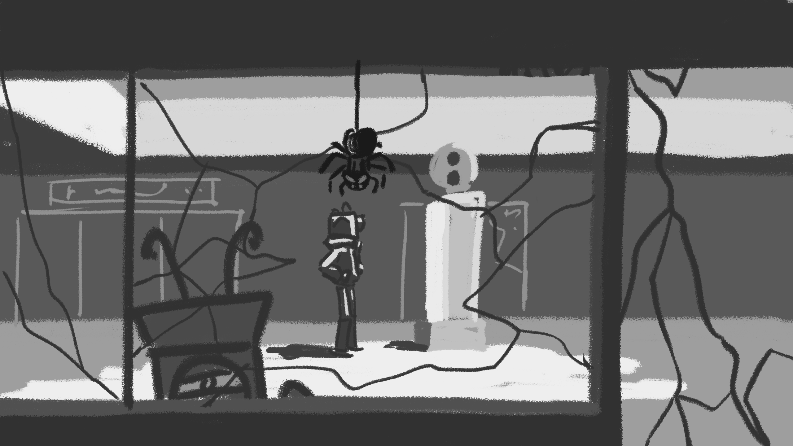 A humanoid robot and a smaller robot investigate a mall