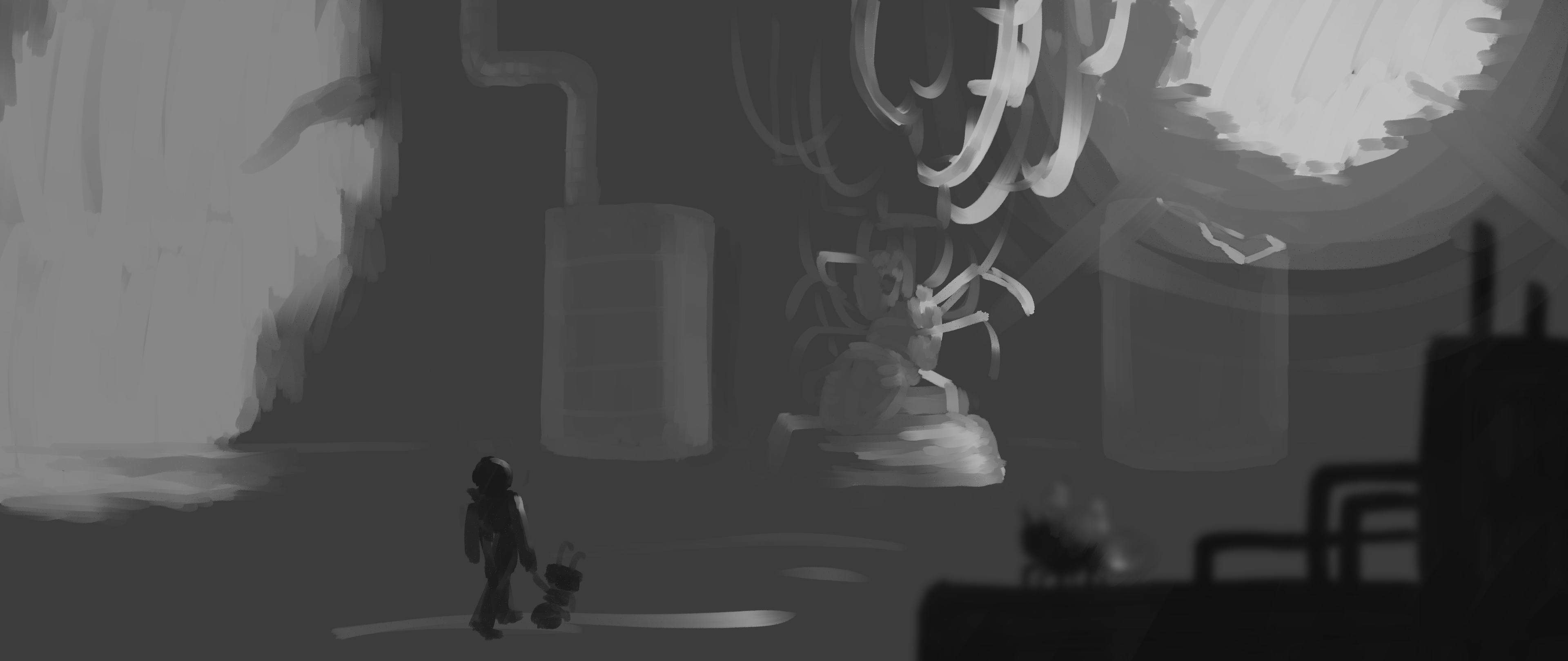 A large ant-like bug is strung up with wires in a destroyed building