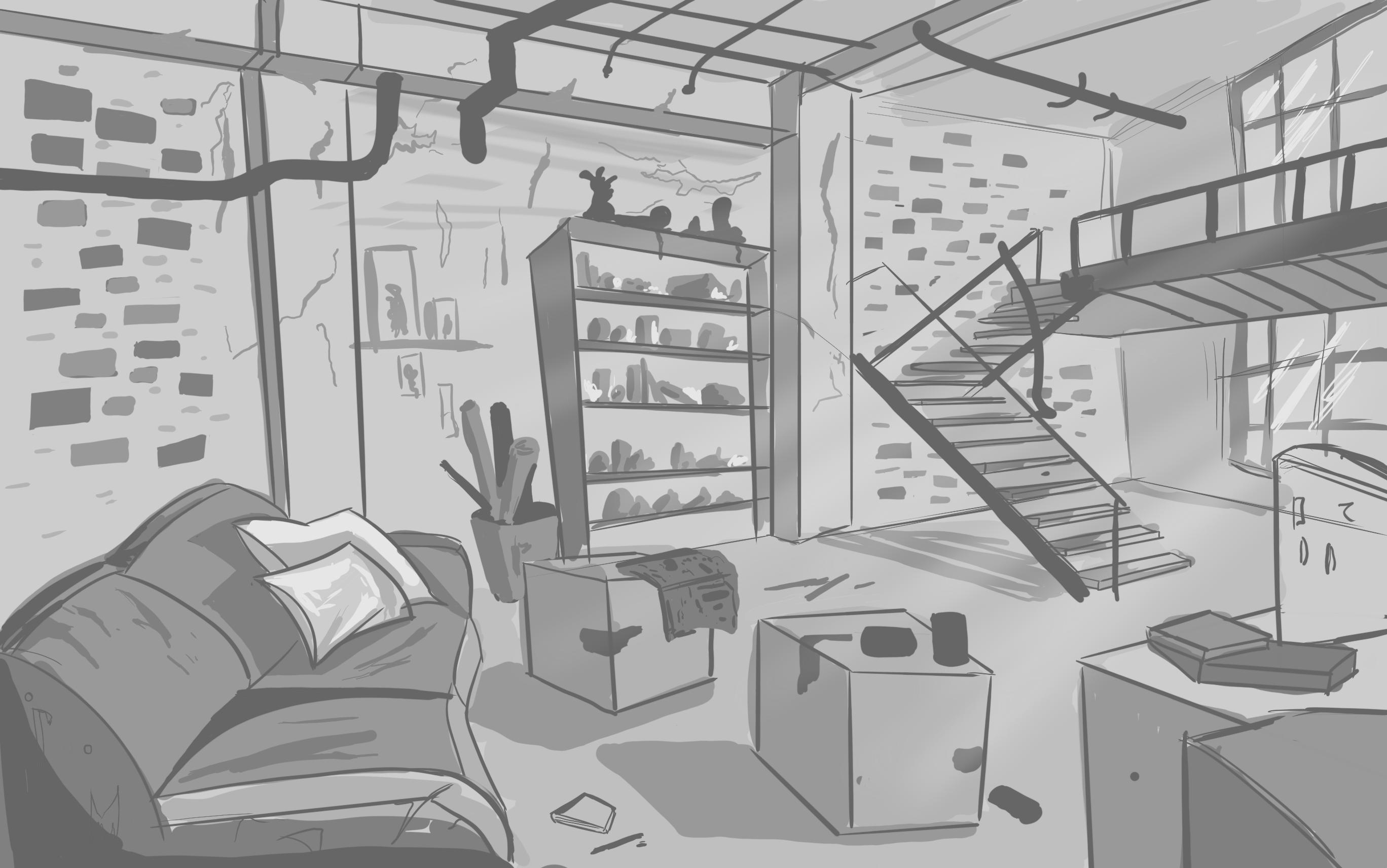 A loft apartment, cluttered and messy