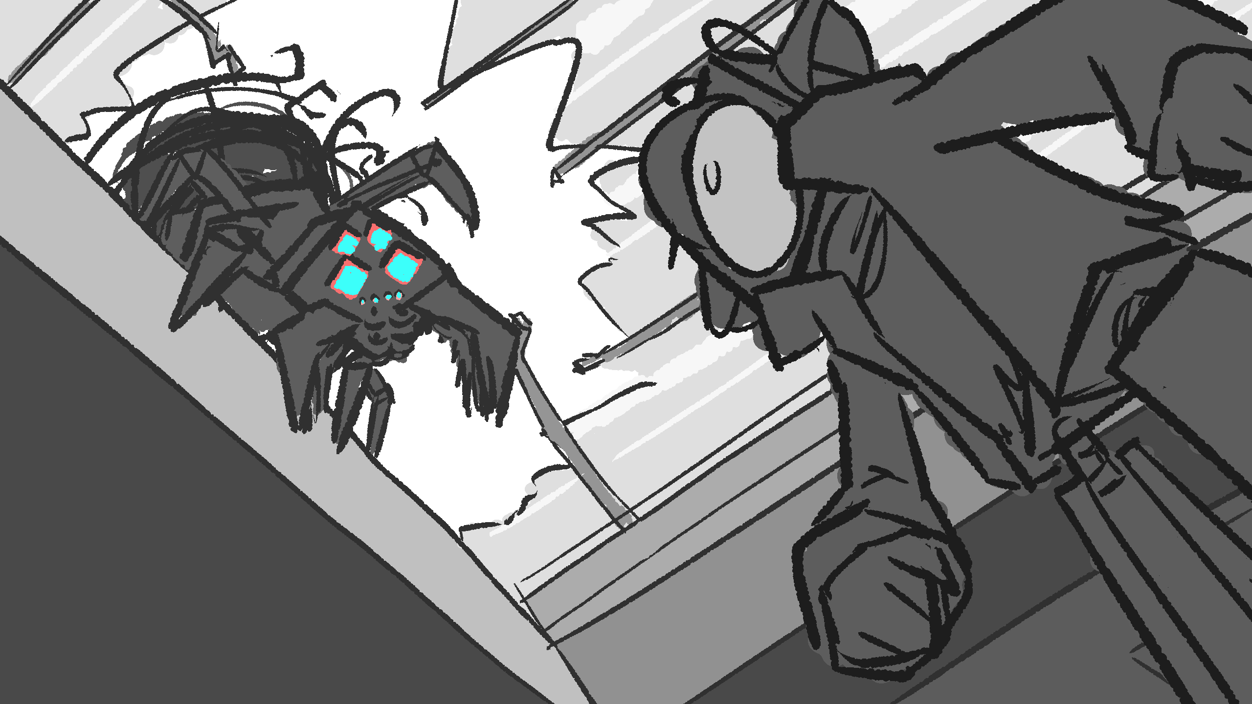 A robot with a traffic light head stares up at a massive spider on the ceiling