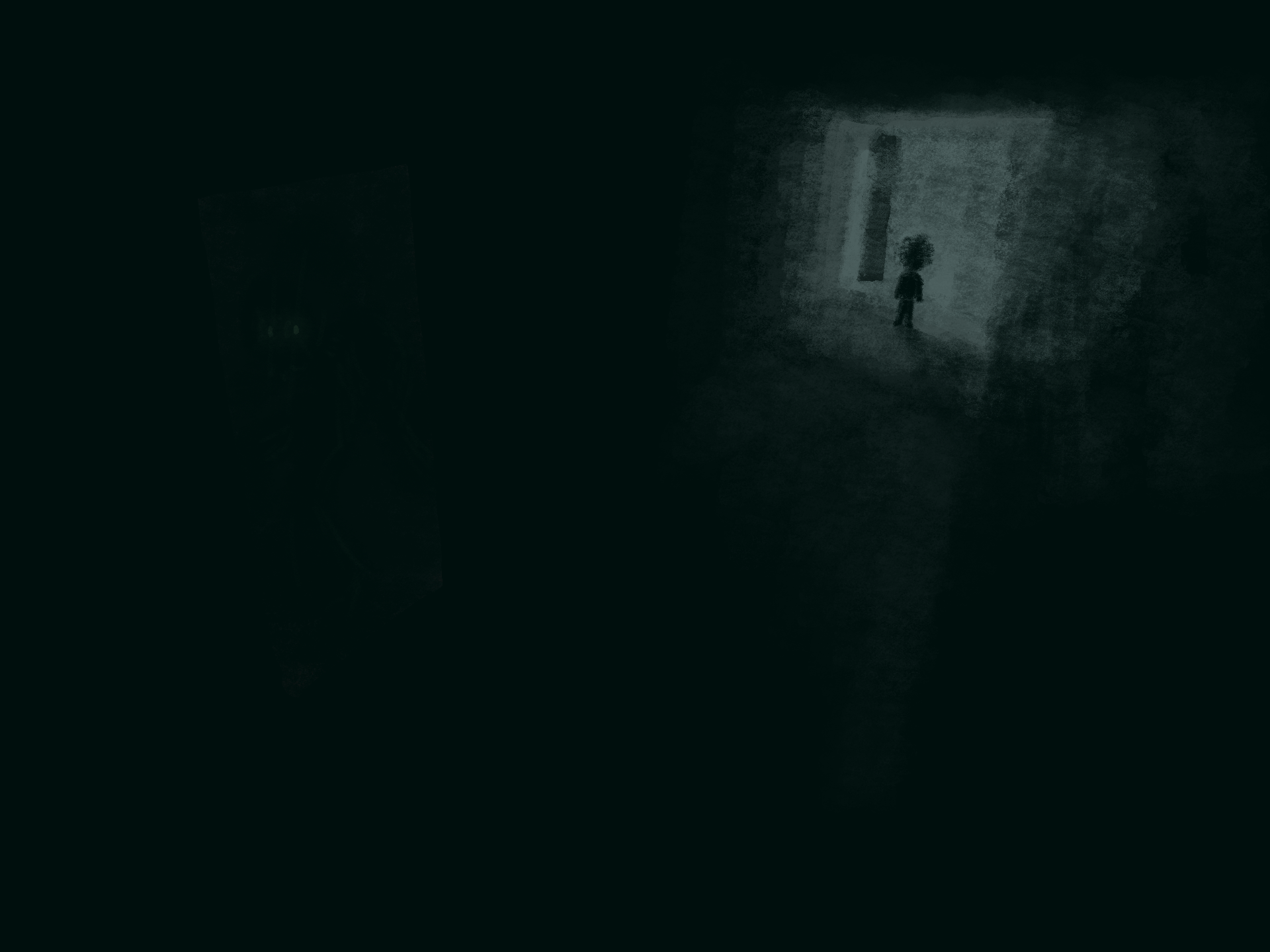 the silhouette of a child is seen at the end of a hallway in front of a light